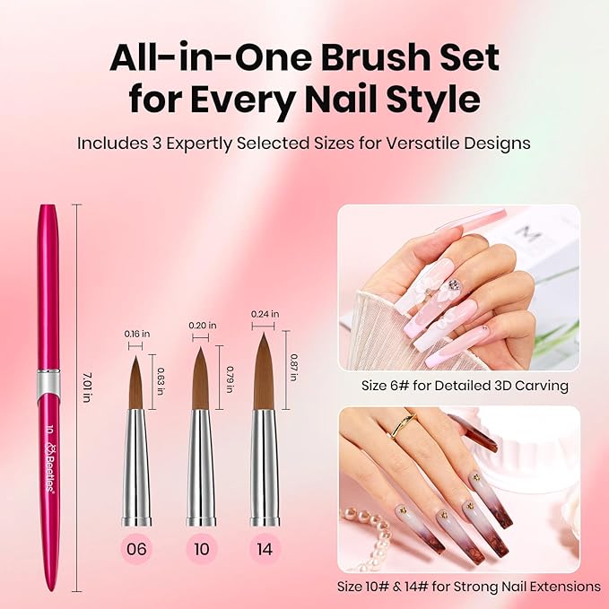 Beetles Acrylic Nail Brush - 3pcs Size 6/10/14 Kolinsky Acrylic Nail Brushes with Cleaner Tool for Acrylics Powder, Nails Extension, 3D Carving Nails Art Tools Home DIY Salon Manicure Design Tool