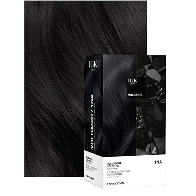 IGK Permanent Hair Color Kit | 1NA Volcanic - Purest Black | 100% Gray Color Coverage + Strengthen + Shine | Ammonia Free