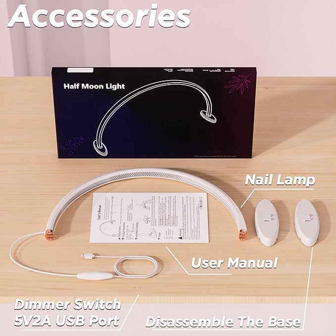 Small Half Moon Light for Nail Desk, 3 Color Temperature 3500K-6500K,180°Surround Moon Light Nail Tech,Half moon nail lamp for Manicure Sculpture Handicrafts etc Lighting,Personal DIY use 16inch