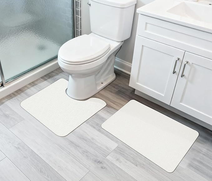 Bathroom Rugs Set 2 Pieces,Thin Bathroom Mats,Toilet Rugs,Quick Dry,Non-Slip,Machine Washable,Low Pile,Absorbent Bath Mats,Shower,Sink,Home Decor Accessories.White,1'5"x2'3"+1'8"x2" U Shape