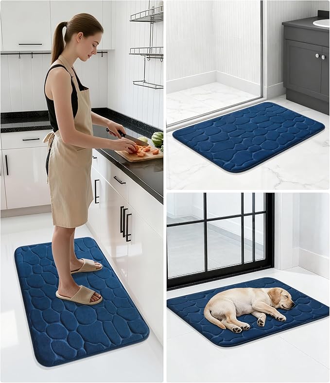 YIHOUSE Memory Foam Runner Rug, Cobblestone Bathroom Runner Rugs Super Water Absorbent Bath Mats for Bathroom Machine Washable Bath Rugs for Hallway Bedroom Laundry Room(24 x 47,Dark Blue)