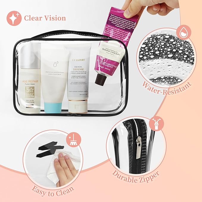 TISRATOK 12 PCS Clear Makeup Bag for Women with Zipper, TSA Approved Toiletry Pouch, Cosmetic Bag Bulk for Travel Organizer Essentials - Black,Medium