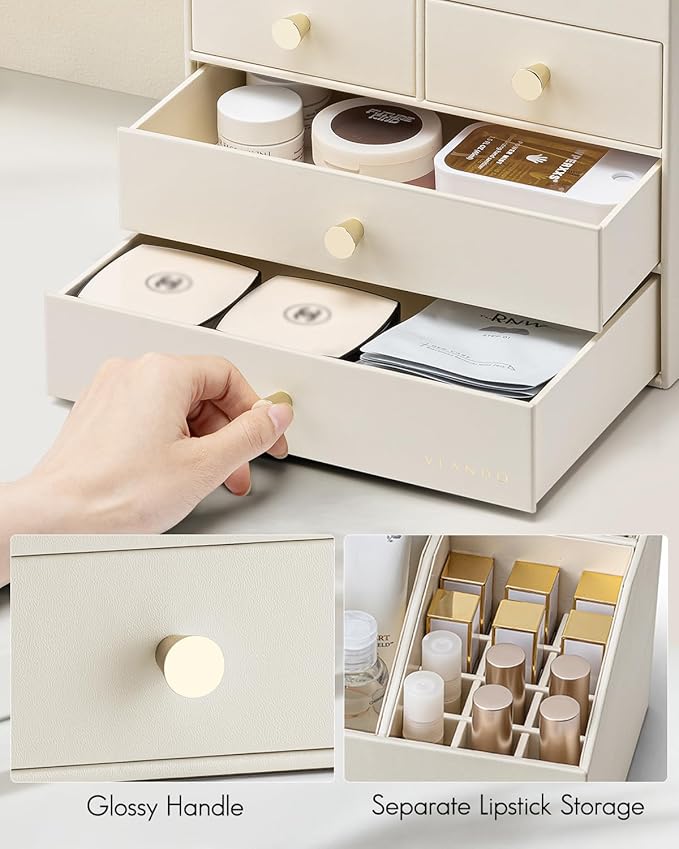 Vlando Makeup Organizer Countertop,Large Vanity Organizer PU Leather Make up Storage with 4 Drawers Perfume Organizers Cosmetic Display Case for Lipstick,Brushes,Bedroom-Beige