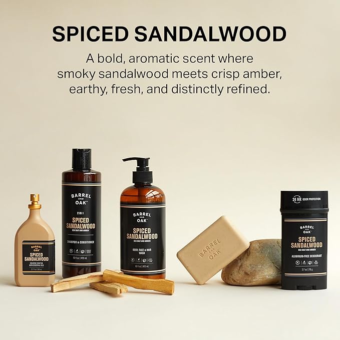 Barrel & Oak Aluminum Free Deodorant for Men, Natural Men's Deodorant with Sea Salt & Amber Essential Oil for Delicate Skin, Grooming Kit Gifts for Men, Spiced Sandalwood, 2.7 oz