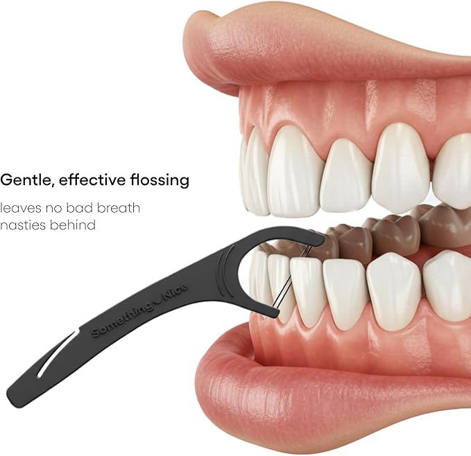 SOMETHING NICE Versa Floss Picks - Minty Fresh Twin Floss for Extra Strength with Mint Flavour - Dental Floss Picks with Tongue Scraper | Flossers with Xylitol for Enhanced Protection 90-Pack