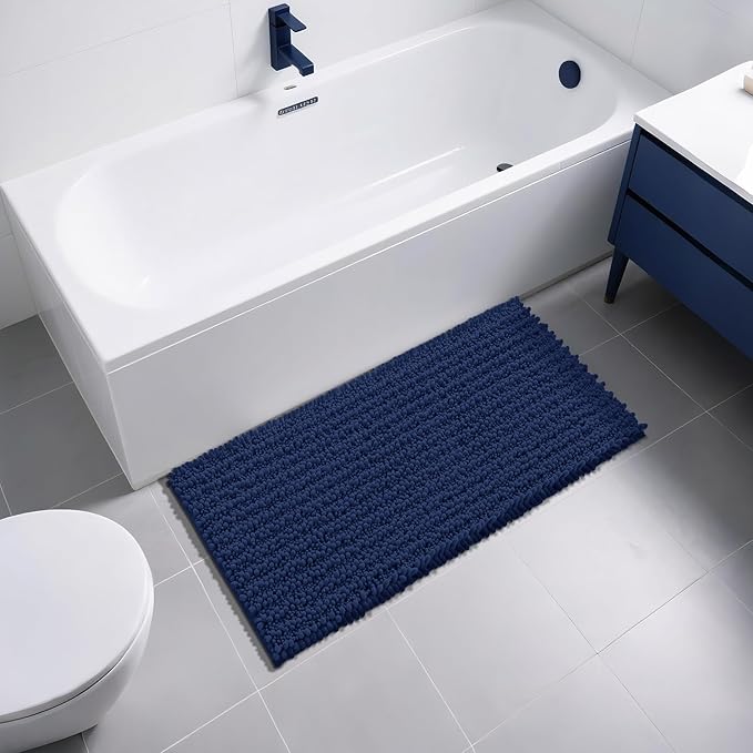 Yimobra Long Bathroom Rugs Non Slip Washable 44x24 Inch - Ultra Soft Absorbent Chenille Bath Mat, Quick Dry Shaggy Floor Carpet for Tub Shower, Navy Blue Home Decor Accessories