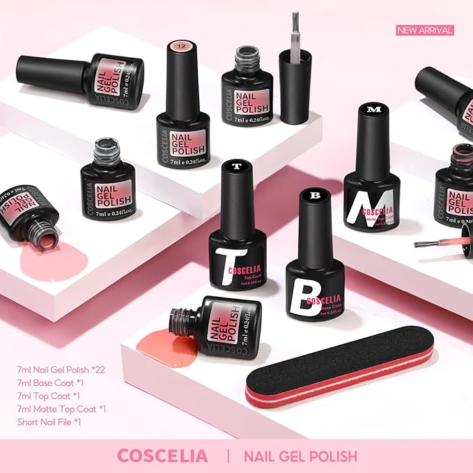 COSCELIA 25pcs Jelly Gel Nail Polish Set, 22 Fall Colors Jelly Gel Polish with 3pc Top Base Coat Brown Red Nude Pink Crystal Transparent Gel Polish French Nail Art Kit Christmas Gifts for Women