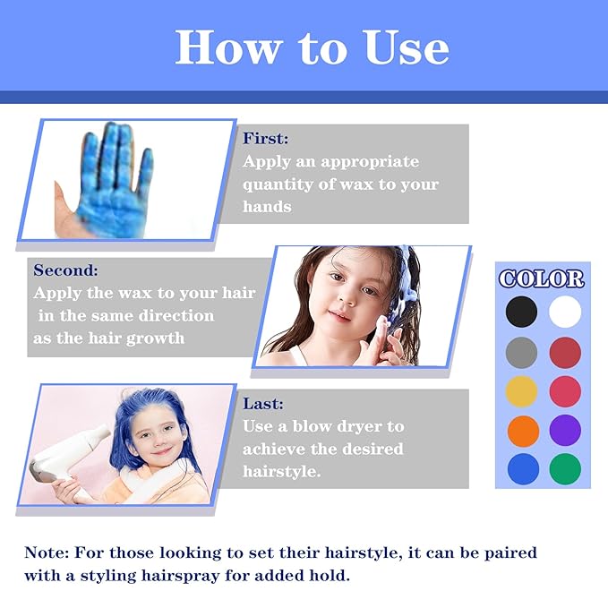 Blue Hair Color Wax, Temporary Hair Color Wax, Temporary Hair Dye for Dark Hair, Washable, Kids, Halloween, Cosplay, Party, Girls