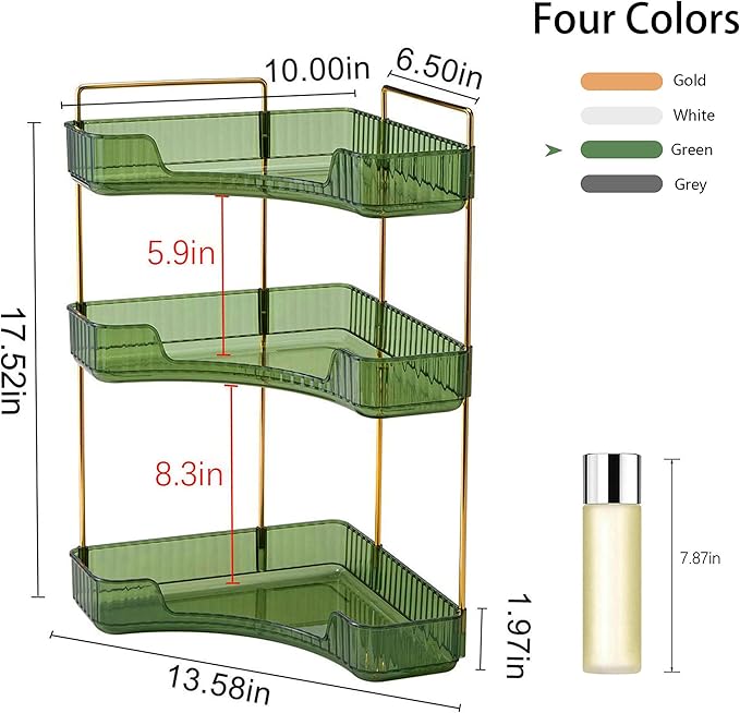 YCIA&DONE Corner Bathroom Counter Organizer, Makeup Organizer for Vanity, Skincare Cosmetic Perfume Tray, Corner Countertop Shelf Rack Storage for Bathroom Kitchen 3 Tiers (Vintage Green)