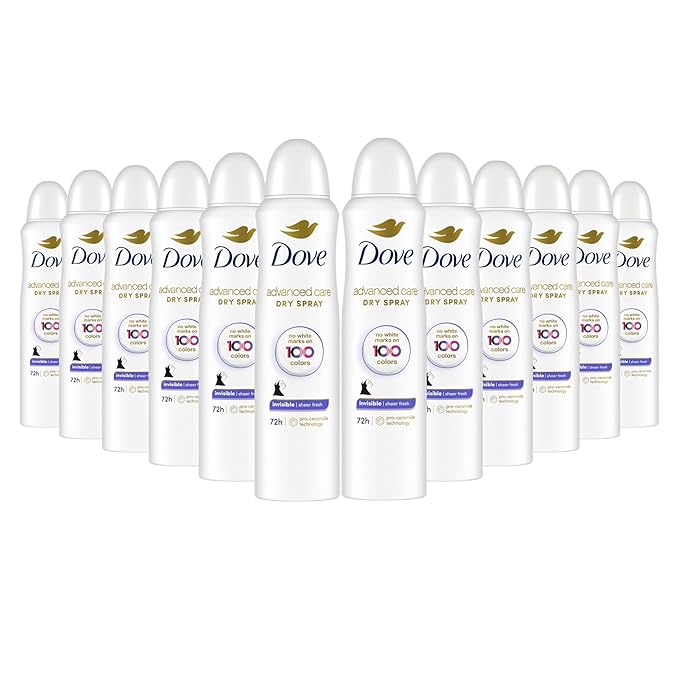 Dove Advanced Care Invisible Dry Spray Antiperspirant Deodorant No White Marks on 100 Colors Sheer Fresh 48-Hour Sweat and Odor Protecting Deodorant for Women 3.8 oz, Pack of 12