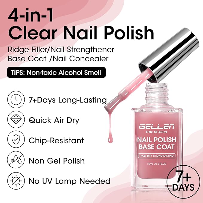GELLEN 4-In-1 Clear Nail Polish Base Coat Dusty Pink Tint, Sheer Rose Ridge Filler For Nails, Nail Strengthener Concealer, Calcium Formula Smoothes Strengthens Nails, Enhances Natural Look, HEMA Free