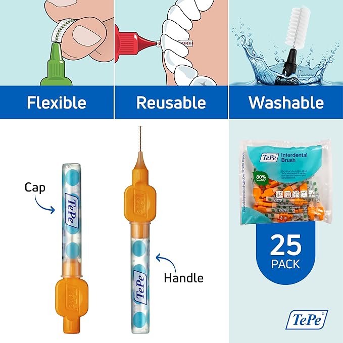 TePe Interdental Brush Original, Soft Dental Brush for Teeth Cleaning, Pack of 25, 0.45 mm, Extra-Small/Small Gaps, Orange, Size 1