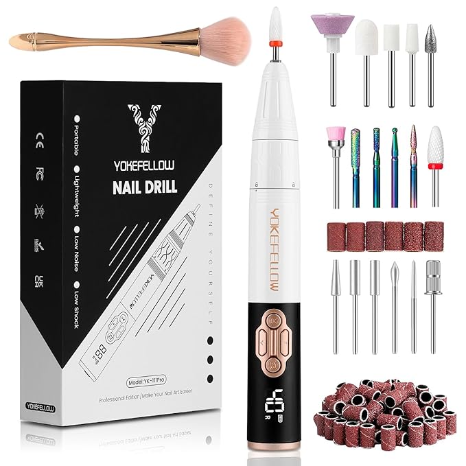 YOKE FELLOW Electric Nail Drill - 40000 RPM Protable Electric Nail File for Acrylic Cordless Nail Drill Professional with 17 Drill Bits for Nail Salon(YK-111Pro)