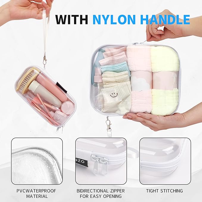 3 PCS Clear Hard Shell Zipper Case With Handle Strap，Clear Plastic Waterproof Cosmetic Makeup Bags Toiletry Pouches for Travel With Double Zipper，Kid's Toy Storage Organizer Bins Box