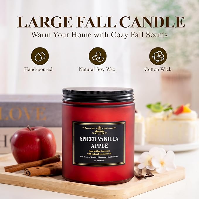 Auelife Spiced Vanilla Apple Scented Candle – 22oz Large 3-Wick Soy Candle, Cozy Fall & Autumn Candles for Home, Holiday Gift for Women & Men