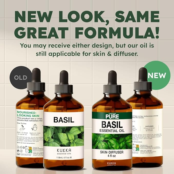 KUKKA Basil Essential Oils - 4 Fl Oz - for Hair, Skin, Diffuser, Aromatherapy & DIY Soap Making Scent