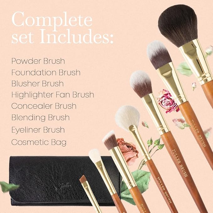 Fuller Brush Cosmetic Brush Set with Case – 7-Piece Makeup Brush Collection for Face & Eyes – Includes Powder, Foundation, Blush, Concealer, Eyeliner, Fan & Blending Brushes – Synthetic Bristles