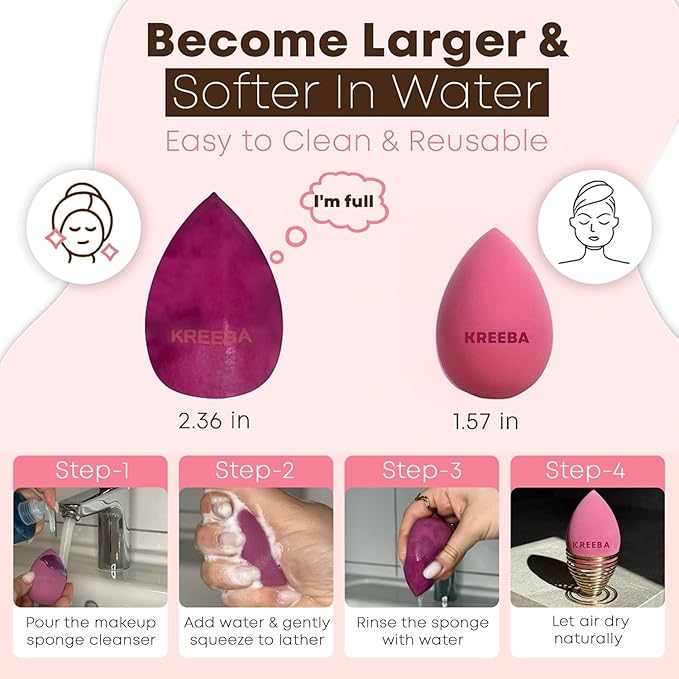 KREEBA 3 Pcs Makeup Sponge Set Comes with Heart-Shaped Travel Box-Makeup Sponges Oval Included Bonus Gold Drying Stand-Latex-Free Make Up Sponges for Face-Beauty Blender Sponge Give Flawless Finish