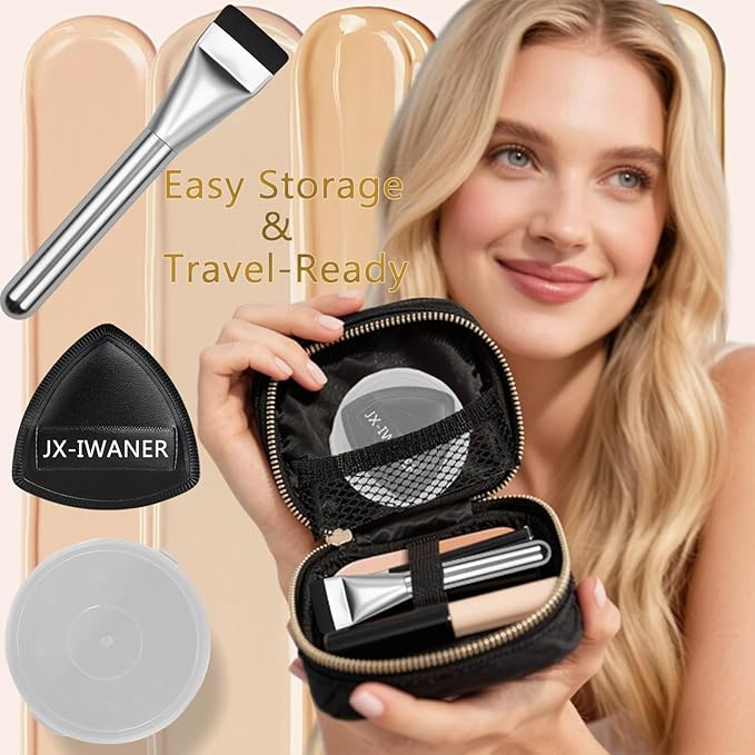 Flat Foundation Brush + Makeup Sponge, Korean Makeup Set Liquid Foundation Concealer Brush and Makeup Sponge for Blending, Cream, Premium Face Makeup