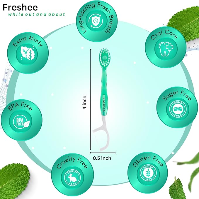 Freshee Bead -5 in 1 Disposable Mini Toothbrush with Toothpaste Bead + Floss + Pick + Tongue Scraper | Travel Size | Individually Wrapped | Soft | Extra Mint | Travel Set | Oral Care