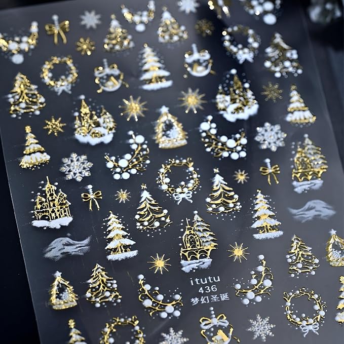 Christmas Nail Art Stickers 5D Embossed Xmas Tree Snowflake Nail Decals White Gold Christmas Nail Stickers for Nail Art Self Adhesive Holiday Nail Supplies Design for Women Girls