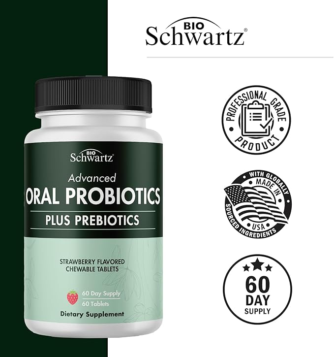 Oral Probiotics Supplement with Prebiotics - Supports Healthy Teeth Gums Mouth and Fresh Odorless Breath for Adults - Strawberry Flavored Chewable Dental Probiotic (60 Tablets, 60 Day Supply)