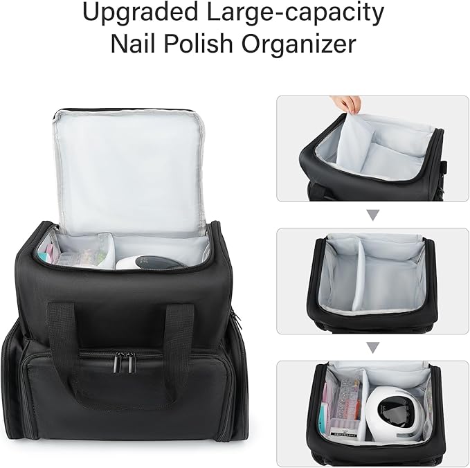 LKE Nail Polish Organizer Case - Holds Up to 70 Bottles, Nail Lamp & 2 Removable Bags, Large Capacity 4-Section Professional Manicure Kit for Nail Artists & Enthusiasts