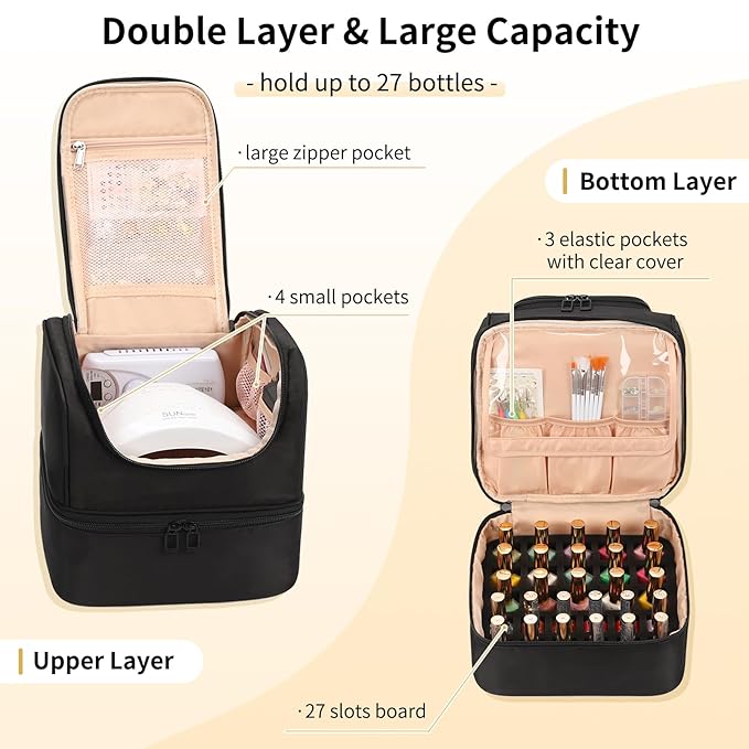 Nail Polish Organizer Case, Nail Supplies Storage Box Holds Nail Polish Bottles & Nail Lamp, Travel Nail Tech Carrying Case, Nail Kit Bag For Nail Stuff & Manicure Tools (Black, 27 Slots)
