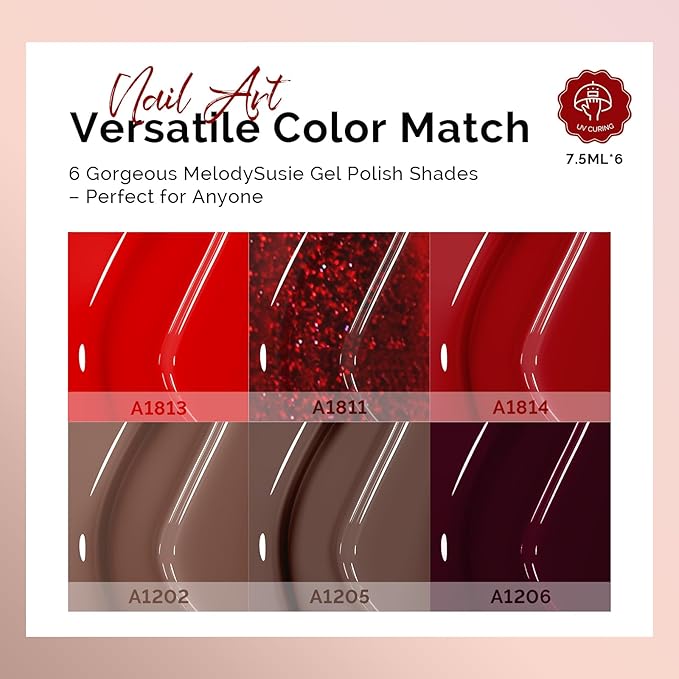 MelodySusie Red Brown Gel Nail Polish Set - 6 Colors Burgundy Red Glitter Beige Brown Soak Off UV LED Gel Polish Gift for Women Nail Art Manicure Salon DIY Nail Design Decoration at Home