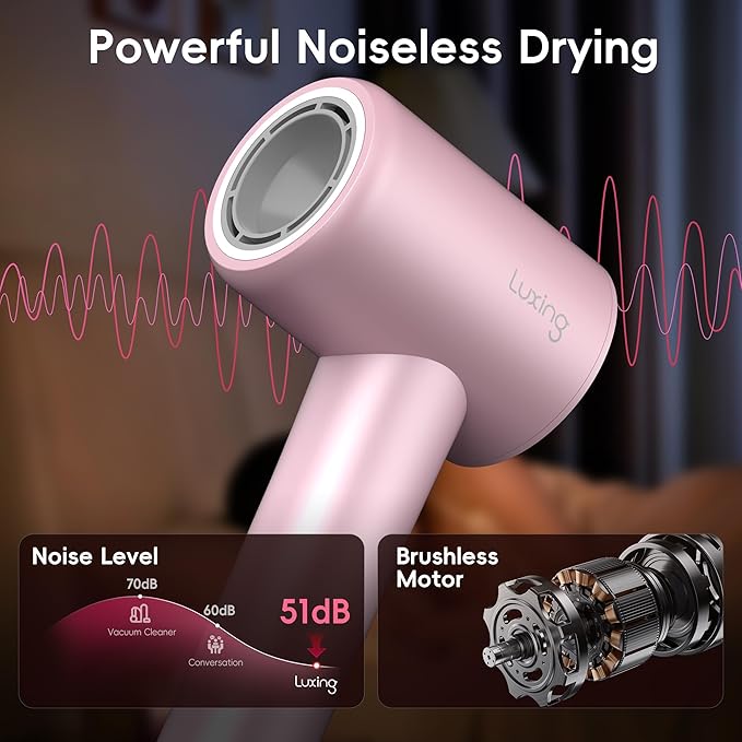 Hair Dryer, TurboLux Ionic 200 Million Negative Ions 1500W Fast Drying High Speed Hairdryer with Diffuser, Lightweight, Low Noise Hair Dryers for Women with 110000 RPM Brushless Motor (Pink)