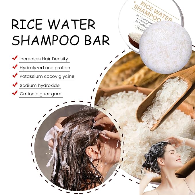 2 in 1 Rice Water Shampoo & Conditioner, 2 Pcs Natural Rice Water Shampoo Bar for Hair Improve, Hydrating & Moisturizing Dry Hair, Reducing Frizz Solid Bar Soap for Women and Men