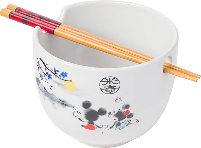 Silver Buffalo Disney Mickey and Minnie Watercolor Watching the Sunset Ceramic Ramen Noodle Rice Bowl with Chopsticks, Microwave Safe, 20 Ounces