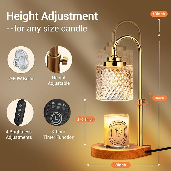 Candle Warmer Lamp, Latest Upgraded Candle Lamp Warmer with 2-4-8H Timing, 4-Level Dimming, Height Adjustable, 2 Bulbs for Home Decor Christmas Birthday Gifts for Women Mom Mother's Day Gifts