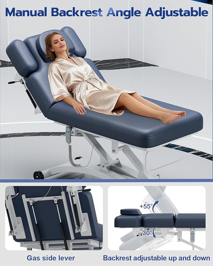 SyyBhb Professional Hi-Lo Electric Massage Table with Wheels, Haydraulic Adjustable Backrest Downward for Treatment/Facial/Beauty/Spa/Physical Therapy Blue