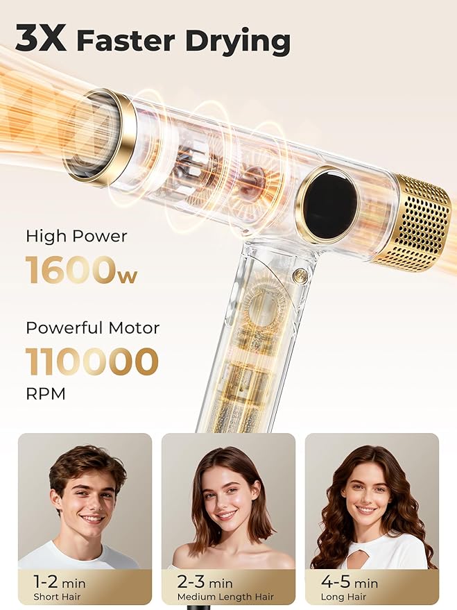 Portable Hair Dryer, 110,000 RPM Diffuser Hair Dryer, 400M Negative Ion, 6.5ft Cord, 4 Heat Settings & 3 Speed, Ionic Hairdryer with Concentrator Nozzle Diffuser for Curly Hair, for Women Men, Black