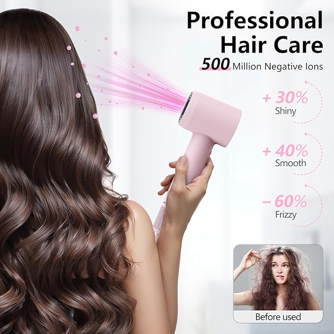 Hair Dryer, 160000 RPM Professional High-Speed Blow Dryer 500 Millions Negative Ionic Care Hair Dryer for Fast Drying, Low Noise Thermo-Control Hairdryer, Travel with Magnetic Diffuser & Nozzle, Pink