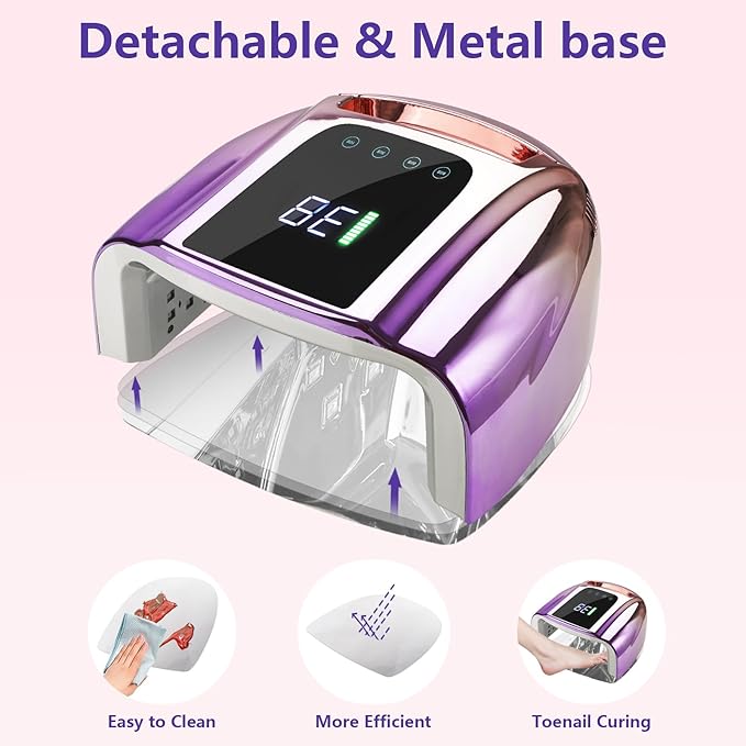 Professional Rechargeable UV LED 96W Portable UV Light for Nail Lamp Machine with Removable Stainless Steel Bottom,4 Timer Setting and Smart Sensor Nail Dryer (Purple)