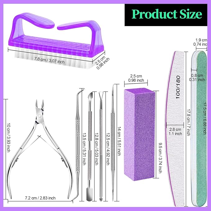 FANDAMEI Manicure and Pedicure Tools Kit, Manicure Kit, Nail Files 100/180, Nail Buffer Block, Nail Cuticle Nippers, Cuticle Pusher, Cuticle Peeler, Ingrown Toenail Tool, Toenail File, Purple