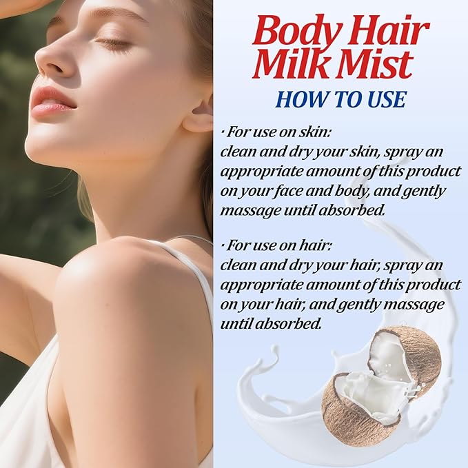 Body Hair Milk Mist, Hydrating And Moisturizing Spray, Long-Lasting Fragrance, Natural Hydrating And Moisturizing Body Mist(Coconut)