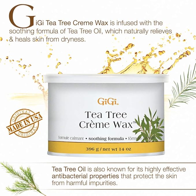 GiGi Tea Tree Crème Wax - Soothing Hair Removal Wax for Sensitive Skin, Soft Wax for Face & Body, Calming Formula with Tea Tree Oil, 14 oz