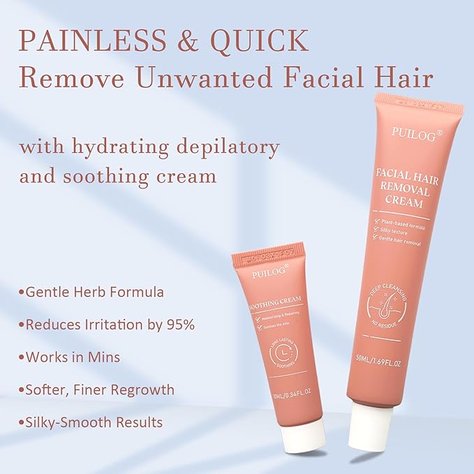 Facial Hair Removal Cream for Women, Soothing Hydrating Depilatory Cream Kit, Painless & Flawless Face, Upper Lip, Chin Hair Remover, Gentle for Sensitive Skin