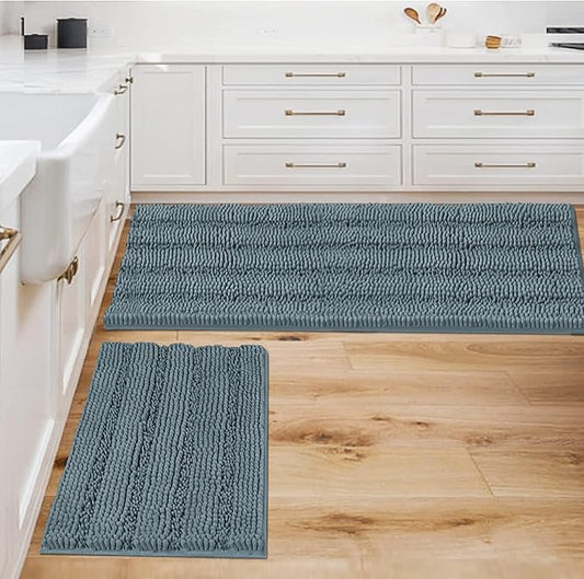 H.VERSAILTEX 2 Piece Bathroom Set - Absorbent Chenille Bath Mats & Non-Skid Machine Washable Rugs (Stone Blue, 47 x 17 Plus 17 x 24 - Inches)