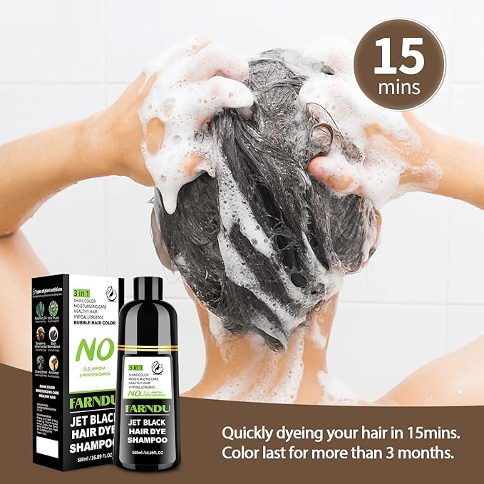 Jet Black Hair Dye Shampoo Ammonia-free & PPD-free, Gray Hair Coverage Natural Herbal 3 in 1 Hair Color Shampoo for Women Men