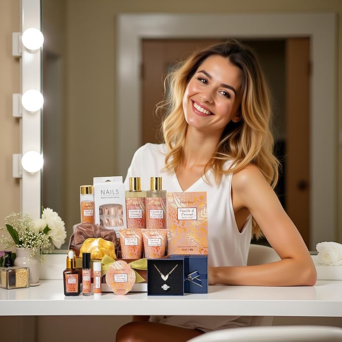 Luxury Gifts for Women, 16 Pcs Spa Gifts for Woman of Coconut Vanilla Scents Skin Care Kit, Facial Kit with Face Day Cream, Night Cream, Skincare Set, Christmas Gifts for Women in Makeup Storage Box