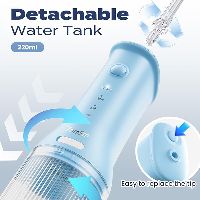 7AM2M Portable Cordless Water Flosser, Oral Irrigator with 3 Modes & 2 Tips, Fast Rechargeable, IPX7 Waterproof, Dental Water Flosser for Travel and Home Use (Light Blue)