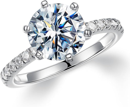 MOOSEA 3CT Moissanite Engagement Rings for Women, Brilliant D Color VVS1 Clarity Lab Created Rings S925 Sterling Silver 14K White Gold Vermeil 6 Claw Moissanite Ring for Women Jewelry Gifts