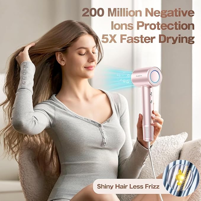 Hair Dryer, High-Speed Ionic Low Noise Blow Dryer with Brushless Motor for Fast Drying, Thermo-Control Quiet Compact Hair Blow Dryer, Hairdryer with 1 Nozzle Attachments for Home Salon Travel