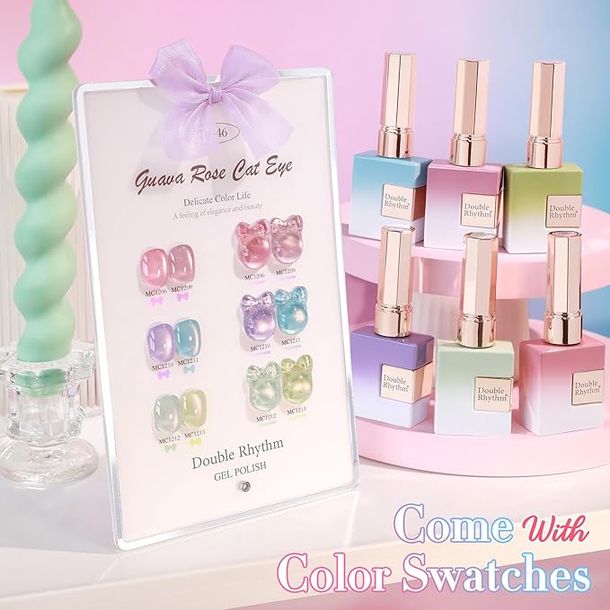 Double Rhythm Cat Eye Gel Nail Polish Set of 6 Same Color Same Bottle 0.5 Oz Shimmer Glitter with Magnet Holographic Reflective Magnetic UV Nail Polish Kit at Home (Rose Green Pink Purple-T6-46)