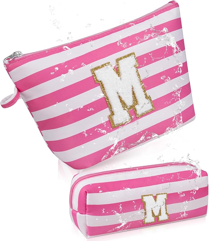 Initial Makeup Bag Personalized Stripe Cosmetic Bag Cute Waterproof Travel Toiletry Bag Birthday Gifts for 10 11 12 13 14 15 16 Years Old Teen Girl Gift Trendy Stuff (Pink M)