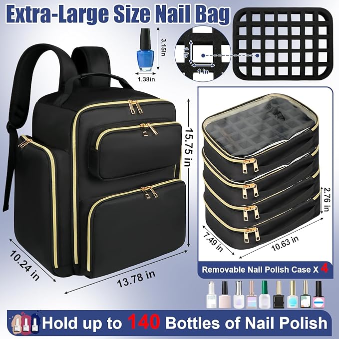Nail Polish Organizer Backpack Holds 140 Bottles& UV Lamp, Extra Large Nail Art Supplies Storage Bag with 4 Removable Sponge Pouches, Travel Carry Case for Gel Polishes, Nail Tools& Nail Kits